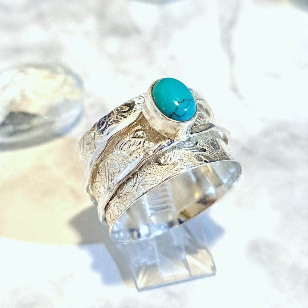 Natural Turquoise Steering Silver Meditation Fidget Spinner Ring - Picture 7 of 13